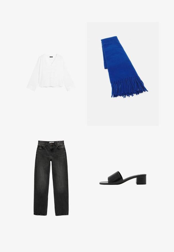 Blusa bianca tagliata con maniche lunghe, scollo a V e chiusure decorative con bottoni sul davanti. Tessuto morbido e vestibilità rilassata.; Jeans in denim nero con una vestibilità rilassata, gamba dritta, design a cinque tasche e una texture leggermente sbiadita. Chiusura con bottone e zip nella parte anteriore.; Sandal in pelle nera open-toe con una fascia ampia e un tacco a blocco solido. Caratterizzato da una texture liscia e un design minimale.; Sciarpa blu intrecciata con estremità frangiate, texture liscia, forma rettangolare e colore uniforme su tutta la superficie. Adatta per il freddo.