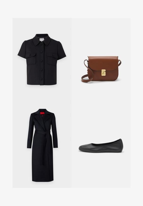 Chemise noire courte à manches courtes, avec col, boutonnage devant et deux poches poitrine. Fabriquée dans un tissu lisse et structuré.; T-shirt blanc à manches courtes en tissu côtelé. Col rond, coupe régulière et détails de couture subtils. Aucune motif ni graphique.; Manteau noir avec des manches longues, design enroulé et ceinture assortie. Fabriqué en tissu lisse, il présente un col cranté et des poches latérales.; Ballerines en cuir noir avec un bout rond, texture lisse, détails de couture minimalistes et design de semelle flexible.; Sac à main en cuir marron avec une fermeture à rabat, des accents en métal doré, une bandoulière et une texture lisse. Forme rectangulaire compacte.