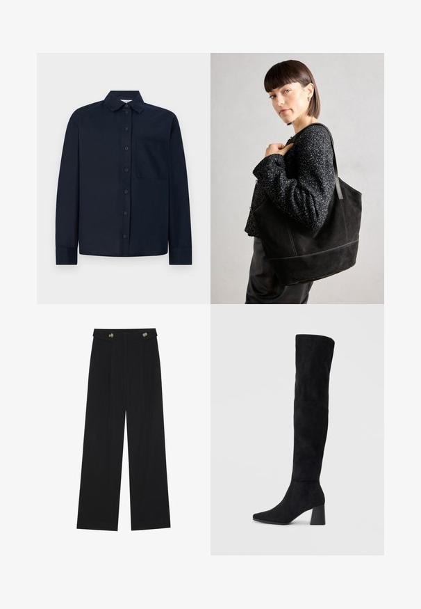 Tengerészkék hosszú ujjú ing sima anyagból, gombos elülső résszel, klasszikus gallérral és bal oldali mellzsebbel.; Fekete, bő szárú nadrág magas derékkal, gombos részletekkel a derékrészen és elülső pliszékkal.; Fekete nubuk térd fölé érő csizma, tömbsarokkal, hegyes orral és sima, varrat nélküli dizájnnal, világos háttérrel.; Fekete, velúr anyagú tote táska sima felülettel, strukturált formával és kontrasztos varrással. Hosszú pántjai lehetővé teszik a vállon való hordást.