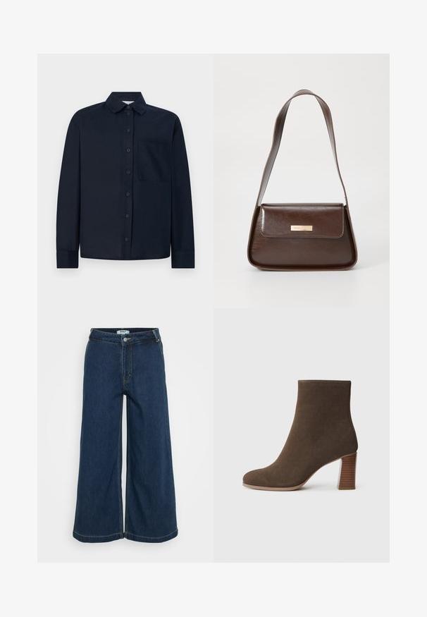 Camisa de manga larga en náutico fabricada en tejido suave, con cierre de botones en la parte delantera, un cuello clásico y un bolsillo en el pecho del lado izquierdo.; Pantalones de mezclilla de pierna ancha en azul oscuro. Cuenta con un cierre de botón, cinco bolsillos, costuras ligeras y una textura suave.; Botín de ante marrón hasta el tobillo con punta redonda y un tacón apilado y texturizado. Exterior liso sin cierres o adornos visibles.; Bolso de hombro de cuero marrón con una forma estructurada, que presenta un cierre de solapa magnético y un acento de logo metálico en la parte frontal.