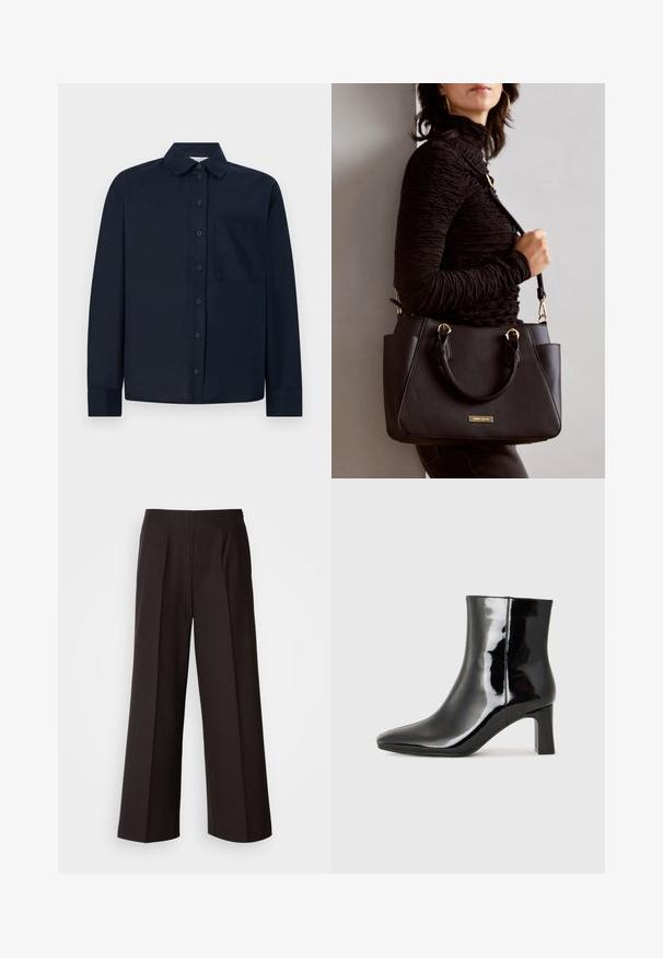 Tengerészkék hosszú ujjú ing sima anyagból, gombos elülső résszel, klasszikus gallérral és bal oldali mellzsebbel.; Fekete, bő szárú nadrág lapos elülső résszel, redőkkel és sima szövettextúrával. Magas derekú és testre szabott szabású, amely strukturált illeszkedést biztosít.; Fekete lakk bőrcipő bokáig érő, hegyes orral és közepes magasságú tömbsarokkal. Simább textúrával és minimalista dizájnnal rendelkezik.; Fekete kézitáska texturált felülettel, dupla felső fogantyúval és állítható vállpánttal. Arany színű fém kiegészítők és oldalsó zsebek találhatók rajta.