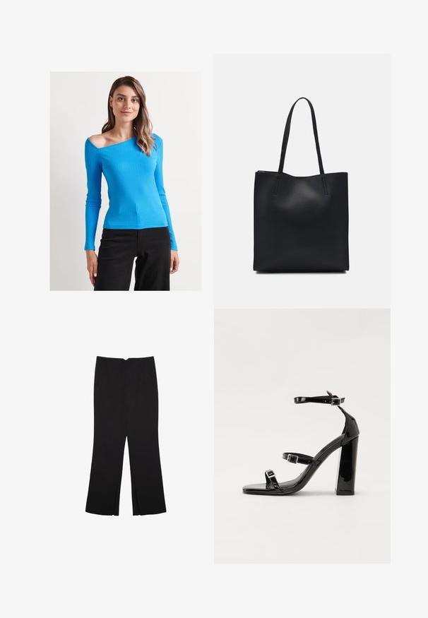 Jimmy Key SLIM FIT BLOUSE - Bluse - blue; Schwarze Hose mit geradem Schnitt, ausgestattet mit Fronttaschen und Seitenschlitzen am Saum. Hergestellt aus weichem, glattem Stoff. Geeignet für verschiedene Anlässe.; Schwarze patentierte Sandalen mit Absatz, quadratischer Spitze, Knöchelriemen und silbernen Schnallen. Mit einem stabilen Blockabsatz für mehr Stabilität.; Schwarze Laptoptasche aus Leder mit glatter Textur, rechteckiger Form und zwei langen Griffen. Keine sichtbaren Beschläge oder Verzierungen.