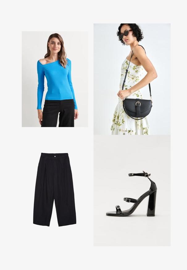 Jimmy Key SLIM FIT BLOUSE - Bluse - blue; Schwarze Polyester-Culotte mit einem elastischen Bund, zwei vorderen Falten und einer lockeren Silhouette. Keine sichtbaren Muster oder Hardware-Details.; Schwarze patentierte Sandalen mit Absatz, quadratischer Spitze, Knöchelriemen und silbernen Schnallen. Mit einem stabilen Blockabsatz für mehr Stabilität.; Schwarze Lederhandtasche mit geschwungener Form, abnehmbarem Tragegurt und goldenen Beschlägen. Die Tasche verfügt über einen Deckel mit einer Schnallen-Details.