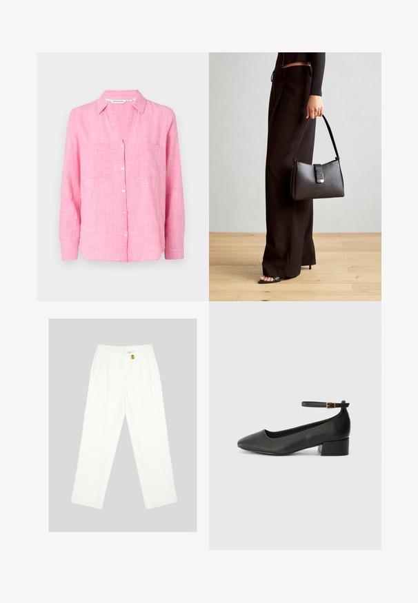 Růžová košile na knoflíky s dlouhými rukávy, dvěma kapsami na hrudi a volným střihem. Vyrobena z lehké látky s texturovaným vzorem.; Bílé kalhoty s širokým střihem vyrobené z hladké látky. Mají zapínání na jeden žlutý knoflík a sklady na přední straně. Bez viditelných kapes.; Černé kožené lodičky s špičatou špičkou a nízkým blokovým podpatkem. Obsahují pásek kolem kotníku se zlatou sponou. Hladký povrch.; Černá kabelka se strukturovaným tvarem, hladkým povrchem a kovovým uzávěrem. Kombinována s širokými černými kalhotami a sandály s otevřenou špičkou na dřevěné podlaze.