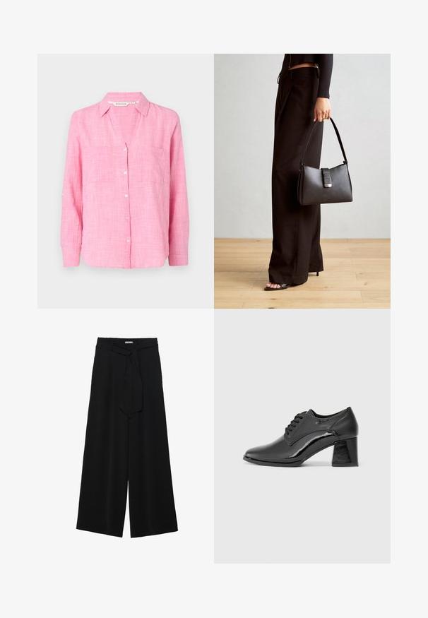 Różowa koszula zapinana na guziki, z długimi rękawami, dwoma kieszeniami na piersi i luźnym krojem. Wykonana z lekkiego materiału o teksturowanym wzorze.; Czarne spodnie szerokie z teksturowanej tkaniny, z elastycznym paskiem w talii i odpinanym paskiem w talii dla regulowanego dopasowania.; Czarne lakierowane buty na płaskiej podeszwie z zaokrąglonym noskiem, sznurowane, z masywnym prostokątnym obcasem. Gładka tekstura z błyszczącym wykończeniem.; Czarna torebka o usztywnionym kształcie, gładkiej fakturze i metalowym zapięciem. Połączona z szerokimi czarnymi spodniami i sandałami na otwartym palcu na drewnianej podłodze.