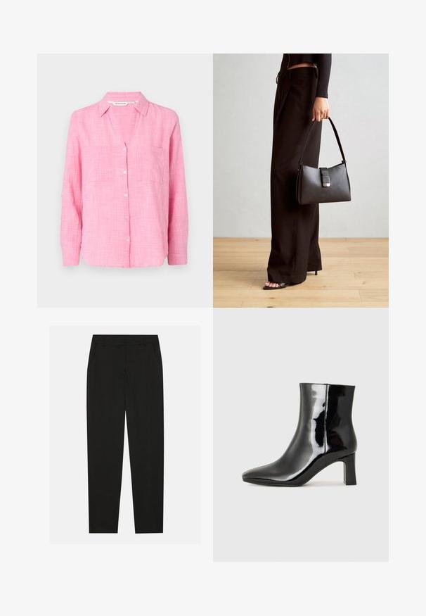 Cămașă roz cu nasturi, cu mâneci lungi, două buzunare pe piept și o croială lejeră. Fabricată dintr-un material ușor cu un model texturat.; Pantaloni negri cu un design croit, dotati cu buzunare laterale si un croi drept. Fabricati dintr-un material neted, usor, cu un finisaj elegant.; Botine negre din piele lacuită, cu vârful ascuțit și toc bloc de înălțime medie. Textură netedă și design minimalist.; Genți negre cu o formă structurată, textură netedă și un închizător metalic. Asortată cu pantaloni negri largi și sandale cu vârf deschis pe un podea din lemn.