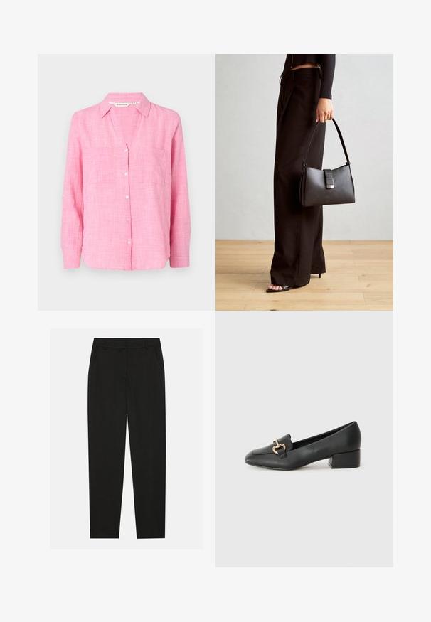 Roze overhemd met lange mouwen, twee borstzakken en een losse pasvorm. Gemaakt van stoffen met een lichte textuur.; Zwarte broek met een tailormade ontwerp, voorzien van zijzakken en een rechte pijp. Gemaakt van een soepele, lichte stof met een strakke afwerking.; Zwarte lederen instappers met een platte hak, met een decoratieve gouden hardware detail aan de voorkant en een gladde textuur.; Zwarte handtas met gestructureerde vorm, gladde textuur en een metalen sluiting. Gecombineerd met brede zwarte broeken en sandalen met open teen op een houten vloer.