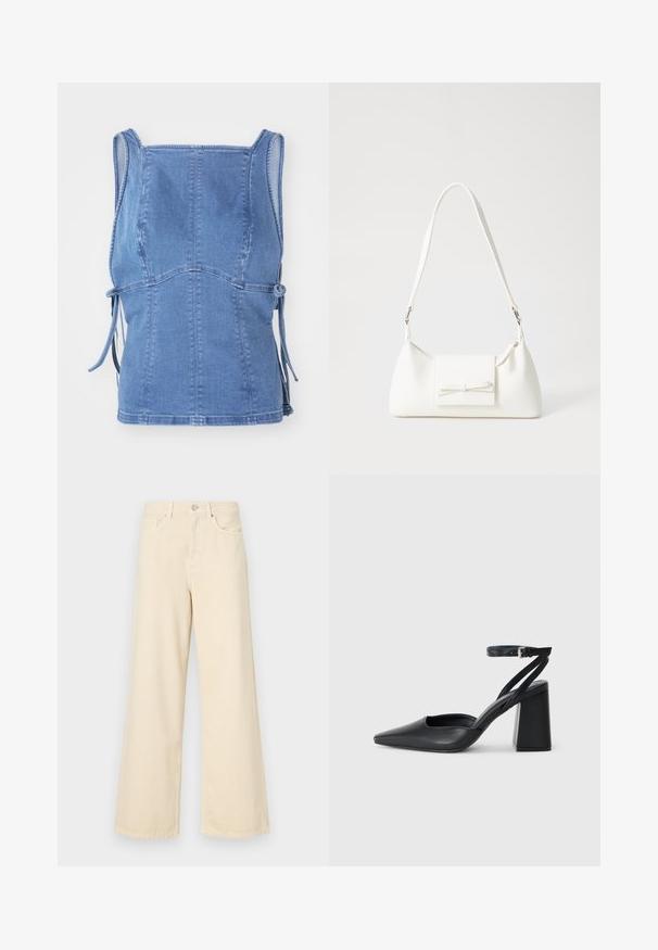 Denim top in light blue, featuring a fitted design, wide straps, side ties, and seam detailing for a structured appearance.; Beige wide-leg jeans made of cotton. Features a button closure, belt loops, and front pockets with a smooth, soft texture.; Black leather pointy-toe pump with an ankle strap and a chunky heel. Flat texture, sleek design, and minimalistic aesthetics.; White synthetic handbag with a triangular shape, flat front flap and bow detail, adjustable strap, smooth texture, and minimalistic design.