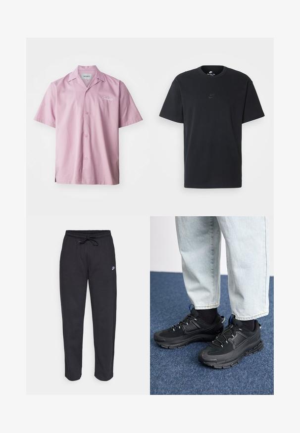 Korte mouwen overhemd met knopen in lichtroze stof. Beschikt over een geknipte kraag, een knoopsluiting aan de voorkant en een geborduurd logo op de borst.; Zwarte katoenen t-shirt van Nike met een klassieke ronde hals, korte mouwen en een subtiele, reliëflogo op de borst. Gladde textuur.; Zwarte sweatpants van zacht stof met een elastische tailleband, trekkoord en een klein Nike-logo op de linker bovenbeen.; Zwarte sportschoenen met gestructureerde stof en rubberen zolen, met elastische veters en een blauwe accent op de hiel. Draag samen met lichte spijkerbroeken.