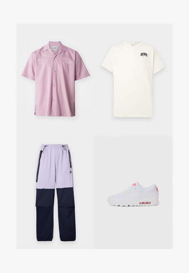 Kurzarm-Hemd aus hellrosa Stoff. Verfügt über einen eingekerbten Kragen, eine Frontknopfverschluss und ein gesticktes Logo auf der Brust.; Cremfarbens Baumwoll-T-Shirt mit kurzen Ärmeln, das "NIKE SB" in schwarzem und rotem Text auf der Brust zeigt. Klassischer Rundhalsausschnitt.; Lila und marineblaue Nike-Hose mit elastischem Bund, Kordelzug, seitlichen Reißverschlusstaschen und einem Farbblockdesign. Hergestellt aus leichtem Stoff.; Weiße Sportsneaker mit einem glatten Obermaterial, Schnürverschluss, gepolsterter Sohle und einem sichtbaren Luftpolster mit roten Akzenten im Branding.