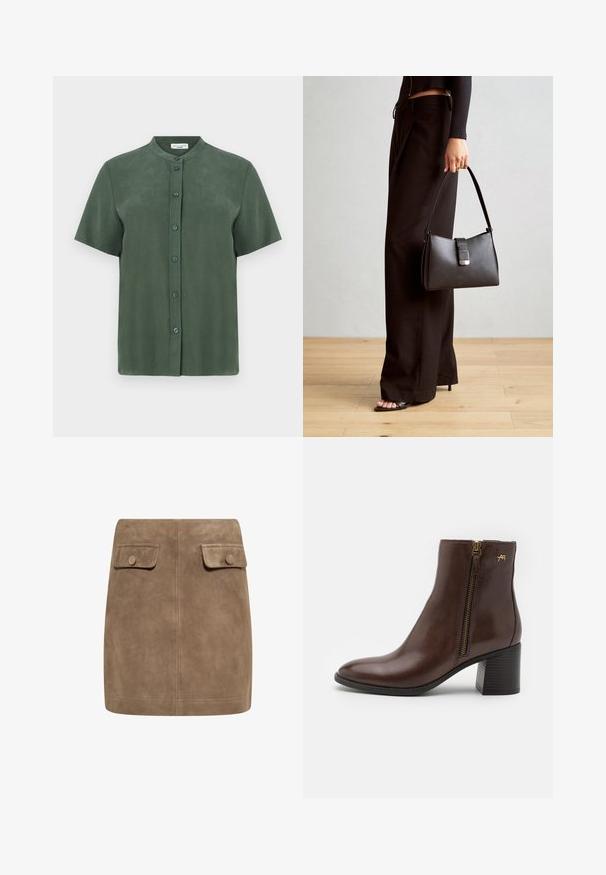 Krátky zelený rukáv s mandarinovým golierom, s gombíkovým zapínaním vpredu a hladkým matným povrchom. Jednoduchý, rovný strih.; Hnedá semišová mini sukňa s hladkou textúrou, ktorá má dva predné vrecká s klopou a gombíkové zapínanie na každej strane. Jednoduchý, rovný dizajn.; Hnedá kožená členková obuv s okrúhlou špičkou, bočným zipsom so zlatým kováním a blokovým podpätkom s textúrovaným vzorom.; Čierna kabelka so štruktúrovaným tvarom, hladkou textúrou a kovovou sponou. V kombinácii so širokými čiernymi nohavicami a sandálmi s otvorenou špičkou na drevenej podlahe.