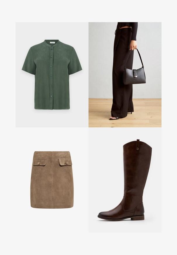 Zeleni kratkotrajni srajc s mandarin ovratnikom, z zapenjanjem spredaj in gladko, mat teksturo. Preprost, ravno krojen dizajn.; Rjava semi krila iz jasnega sued materiala z gladko teksturo, ki imata spredaj dva žepa z flapom in gumbom na vsaki strani. Preprost, raven dizajn.; Rjave škornje do kolen, izdelane iz gladkega usnja, z zaobljenim nosom, nizkim naloženim peto in diskretnim šivanim vzorcem ob straneh.; Črna torbica z strukturirano obliko, gladko teksturo in kovinskim zaponko. Ujemajo se z širokimi črnimi hlačami in odprtimi sandali na lesenem tleh.