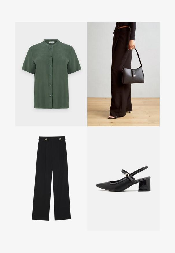 Zaļa īsām piedurknēm krekls ar mandarin kolu, ar pogām priekšpusē un gludu, matētu tekstūru. Vienkārša, taisna silueta dizains.; Melnas platās bikses ar augstu jostasvietu, pogu detaļām uz jostas un priekšējām krokām.; Melns patentēts ādas sandales ar norādīta pirksta formu, noapaļotu izgriezuma dizainu un bloķētu papēdi. Iezīmēta ar zelta toņa sprādzi.; Melnā somiņa ar strukturētu formu, gludu tekstūru un metālu sprādzi. Saskaņota ar platām melnām biksēm un sandālēm ar atvērtu purngalu uz koka grīdas.