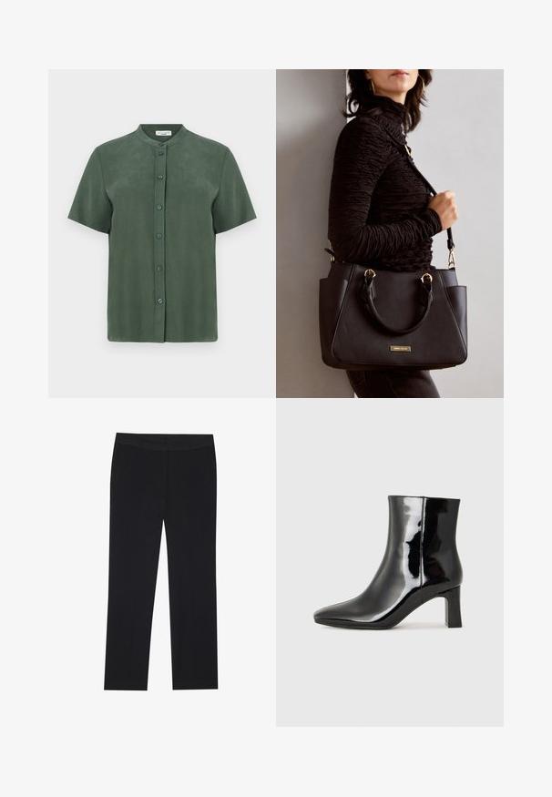 Camicia verde a maniche corte con colletto alla cinese, dotata di chiusura a bottoni sul davanti e una texture liscia e opaca. Design semplice e dritto.; Pantaloni neri con un design a gamba dritta, dotati di tasche laterali e una texture di tessuto liscia. Dettagli minimi, vita pulita.; Stivaletto in pelle verniciata nera con punta a punta e tacco a blocco di altezza media. Texture liscia e design minimalista.; Borsa nera con superficie texturizzata, manici superiori doppi e tracolla regolabile. Dotata di hardware color oro e tasche laterali.