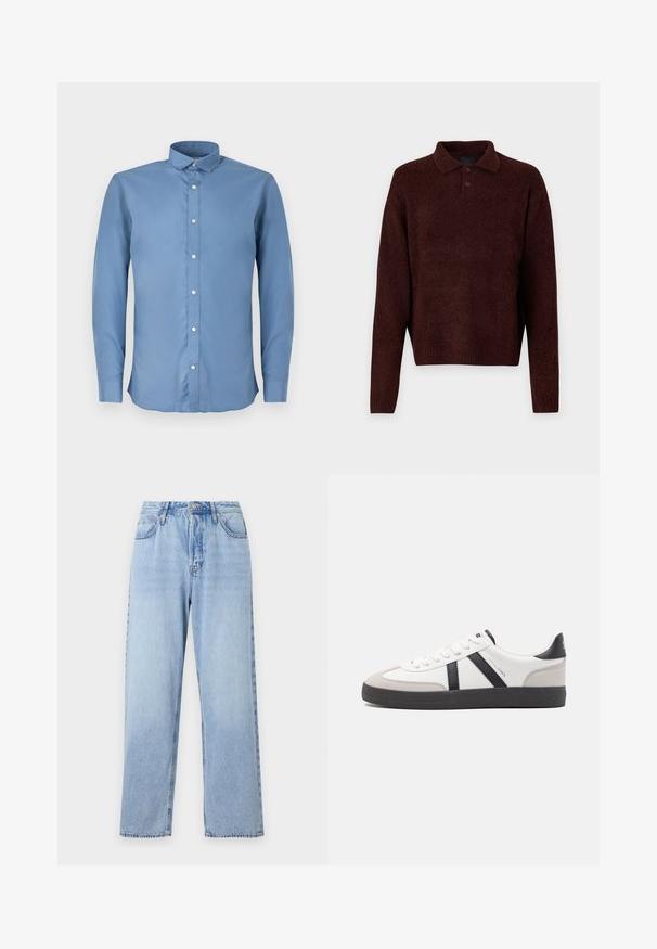 Svijetloplava košulja dugih rukava s ovratnikom na dugme, koja ima glatku teksturu i šest bijelih dugmadi duž prednje strane.; Smeđi pleteni pulover s polo ovratnikom, tri gumba na vratu i dugim rukavima. Meka tekstura, rebrasti manžeti i rub.; Svijetloplavi traperice ravnog kroja, visokog struka, s pet džepova i kopčanjem na gornji gumb. Imaju izblijedjeli izgled i kontrastne šavove.; Bijele tenisice s crnim i sivim detaljima, s teksturiranim sivim zaštitnikom prstiju, crnim gumene potplate i ravnim bijelim vezicama. Čist dizajn, minimalistički stil.