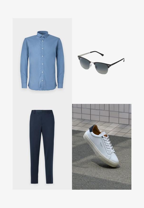 Cămașă albastru deschis cu mânecă lungă și guler tip button-down, având o textură netedă și șase butoane albe pe față.; Pantaloni bleumarin, adaptați, cu croi drept, având închidere cu nasture și bucle pentru curea. Construiti dintr-un material neted și ușor.; Adidași din piele albă cu călcâi bleumarin, vârf rotund și accente contrastante de culoare maro. Dispun de șireturi plate și talpă din cauciuc texturat.; Ochelari de soare negri și argintii cu o formă cat-eye, lentile cu gradient și accente metalice pe ramă. Brațe din plastic cu vârfuri gri.