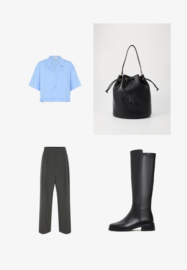 Ljusblå cropped skjorta i bomull; har korta ärmar, krage, knappar fram och en volangnert i botten.; Svart ärmlös topp med hög halsringning, tillverkad av slät och stretchig tyg, visas på en enfärgad vit bakgrund.; Grå vida byxor av strukturerat tyg med hög midja och framvikter. Designen har en slät midjerem utan synliga stängningar.; Svart läder knähöga stövlar med en slät yta, rund tå, låg blockklack och diskret sömnadsdetalj längs sidan.; Svart läder bucket bag med dragsko-stängning, prydd med en glänsande "CK"-logotyp på framsidan och detaljer i guld-ton.
