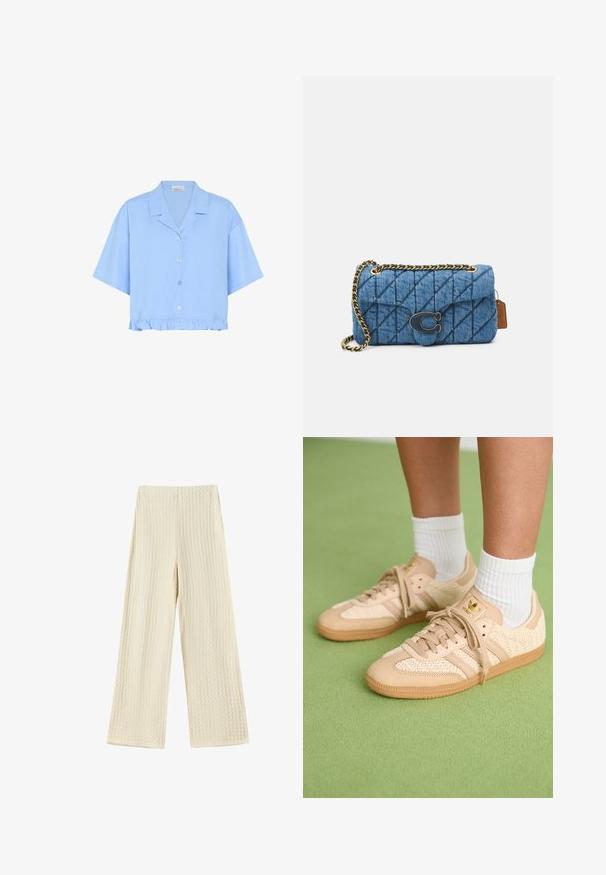 Világoskék, pamutból készült, rövid ujjú, rövidre szabott ing; gallérral, elöl gombokkal és fodros alsó résszel rendelkezik.; Igen széles nadrág texturált, krém színű anyagból. A dizájn hullámos mintázatot tartalmaz, magas derékkal és teljes hosszúságú lábakkal.; Beige színű, szőtt Adidas sportcipőt viselő lábak, gumitalppal és fehér bokazoknival, zöld, textúrált padlón.; Kék steppelt farmer választható táska, arany lánc vállpánttal és egy kiemelkedő arany logóval az elején. Kompakt, téglalap alakú.