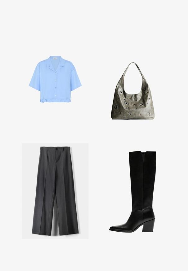Light blue cropped shirt made of cotton; features short sleeves, a collar, front buttons, and a ruffled hem at the bottom.; Wide-leg trousers in dark grey fabric, featuring a button closure, front pleats, and belt loops. Smooth texture with a tailored design.; Black knee-high boots made of smooth leather, featuring a pointed toe, a block heel, and a V-shaped cutout at the top.; Olive green leather handbag with a slouchy design, featuring various sized circular cutouts and accents in darker and lighter shades.