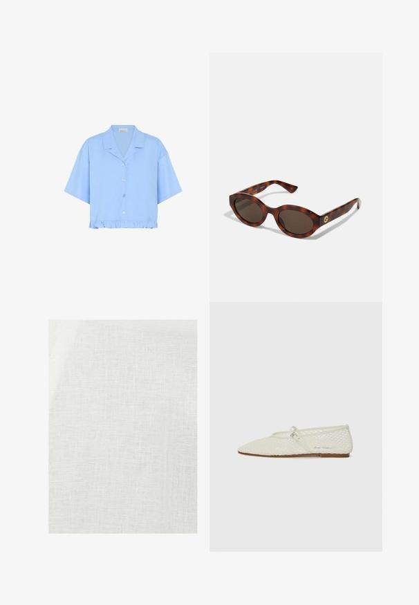 Svetlomodrá skrátená košeľa vyrobená z bavlny; má krátke rukávy, golier, predné gombíky a volánový lem na spodnej časti.; Bielizňová látka z bieleho ľanu s textúrovanou väzbou, ktorá má mierne nepriehľadný vzhľad a obsahuje prirodzené nepravidelnosti po celej ploche materiálu.; Krémové sieťové baletky s špicatou špičkou a nastaviteľným remienkom. Majú textúrovaný zvršok a plochú hnedú podrážku.; Žlté slnečné okuliare s okrúhlymi rámami, tmavými sklami a zlatými logovými detailmi na straniciach. Hladký plastový materiál, bez viditeľných vzorov.; Hnedá tkaná kožená kabelka s voľným, trojuholníkovým tvarom. Má opletenú rúčku a zips na vrchu.