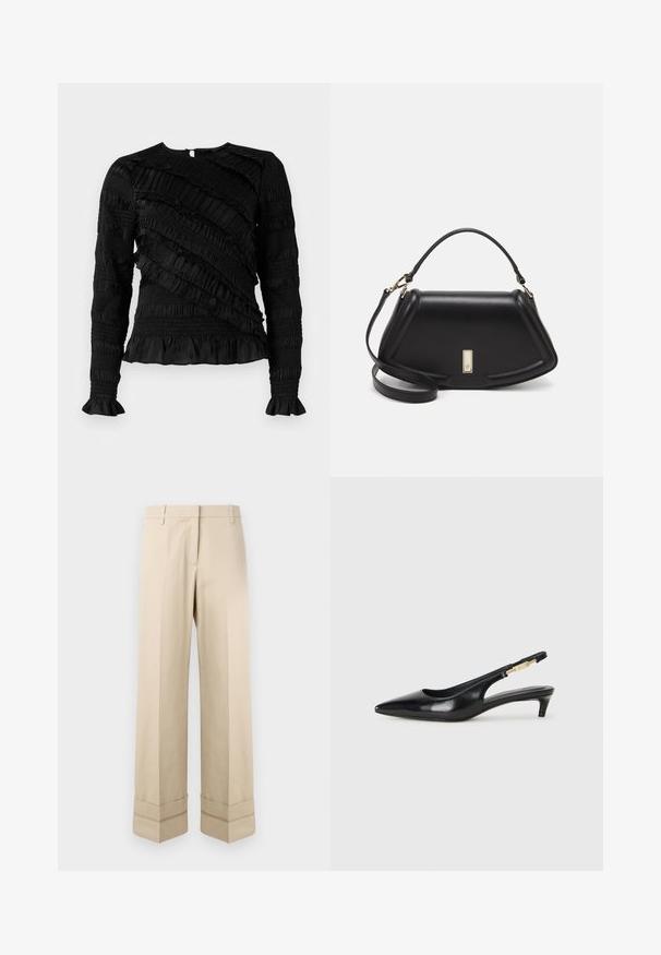 Black long-sleeve top with textured ruffles in varying widths, featuring a round neckline and flared cuffs. Back zipper closure.; Beige trousers with a straight fit, featuring a double cuff at the hem and a flat front design. Made of smooth, durable fabric.; Black leather slingback heels with a pointed toe, featuring a slim heel and a gold-tone accent on the adjustable strap. Smooth texture.; Black leather handbag with a structured design, featuring a cropped shape, top handle, and gold hardware accent. Adjustable shoulder strap included.