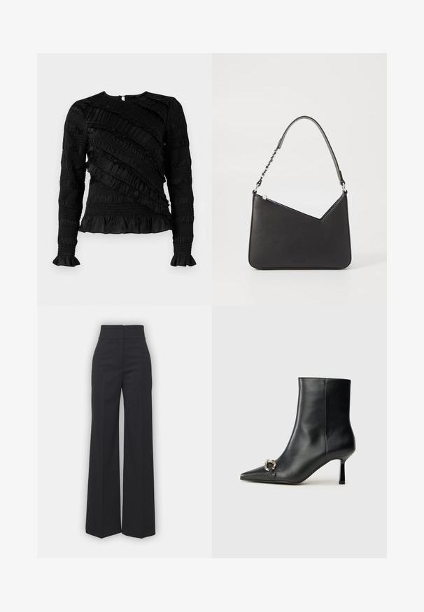 Top preto de manga longa com babados texturizados em diferentes larguras, apresentando um decote redondo e punhos evasés. Fecho com zíper nas costas.; Calças largas em tecido preto com um cós alto, apresentando um acabamento limpo e uma textura suave. Sem hardware ou padrões visíveis.; Bota preta de couro até ao tornozelo com bico apontado, salto slim de altura média e detalhe em fivela prateada de lado, contra um fundo simples.; Bolsa de couro preta com formato triangular, alça fina e detalhes em metal prateado. Apresenta um fecho com zíper e logótipo em relevo na parte frontal.