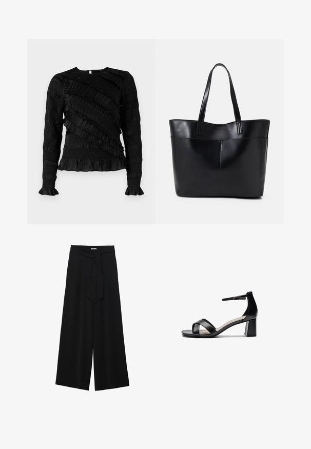 Black long-sleeve top with textured ruffles in varying widths, featuring a round neckline and flared cuffs. Back zipper closure.; Black wide-leg pants featuring a textured fabric, an elastic waistband, and a detachable sash tie at the waist for adjustable fit.; Black open-toe heeled sandal with crossed straps, adjustable ankle strap, and a chunky heel, featuring a smooth leather texture.; Black leather tote bag with two long handles, a smooth texture, and a structured shape. Features a front pocket for additional storage.