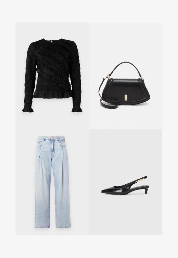 Black long-sleeve top with textured ruffles in varying widths, featuring a round neckline and flared cuffs. Back zipper closure.; Light blue denim jeans with a high waist, wide-leg cut, two side pockets, and pleated design feature. Soft texture with a faded finish.; Black leather slingback heels with a pointed toe, featuring a slim heel and a gold-tone accent on the adjustable strap. Smooth texture.; Black leather handbag with a structured design, featuring a cropped shape, top handle, and gold hardware accent. Adjustable shoulder strap included.