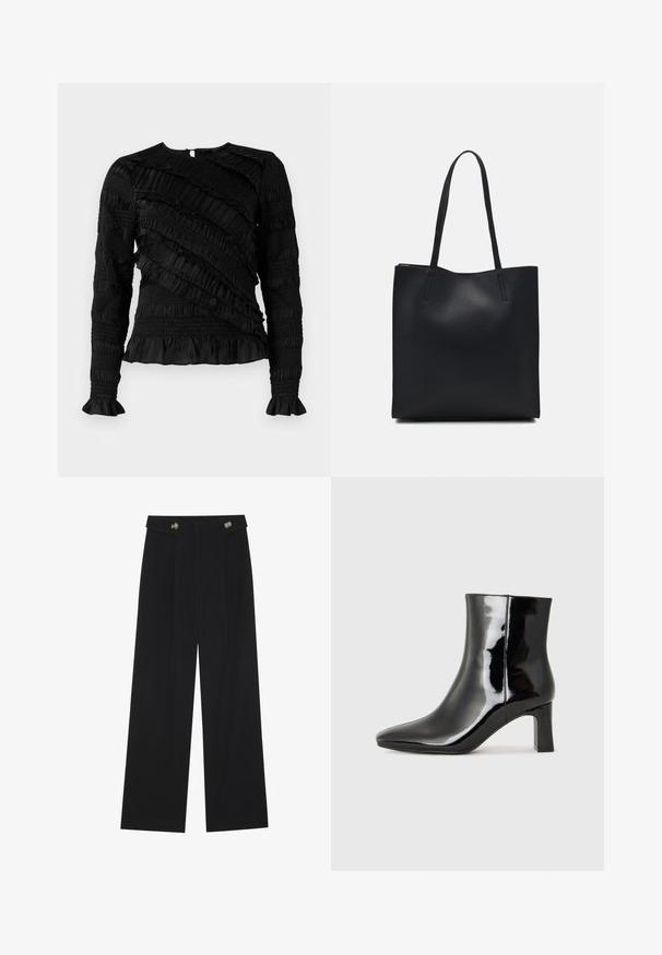 Schwarzes Langarmoberteil mit strukturierten Rüschen in unterschiedlichen Breiten, runder Halsausschnitt und ausgestellten Ärmeln. Mit Reißverschluss an der Rückseite.; Schwarze weite Hosen mit hoher Taille, Knopfdetails am Bund und vorderen Falten.; Schwarzer Lackleder-Stiefelette mit spitzer Zehe und einem mittelhohen Blockabsatz. Glatte Textur und minimalistisches Design.; Schwarze Laptoptasche aus Leder mit glatter Textur, rechteckiger Form und zwei langen Griffen. Keine sichtbaren Beschläge oder Verzierungen.