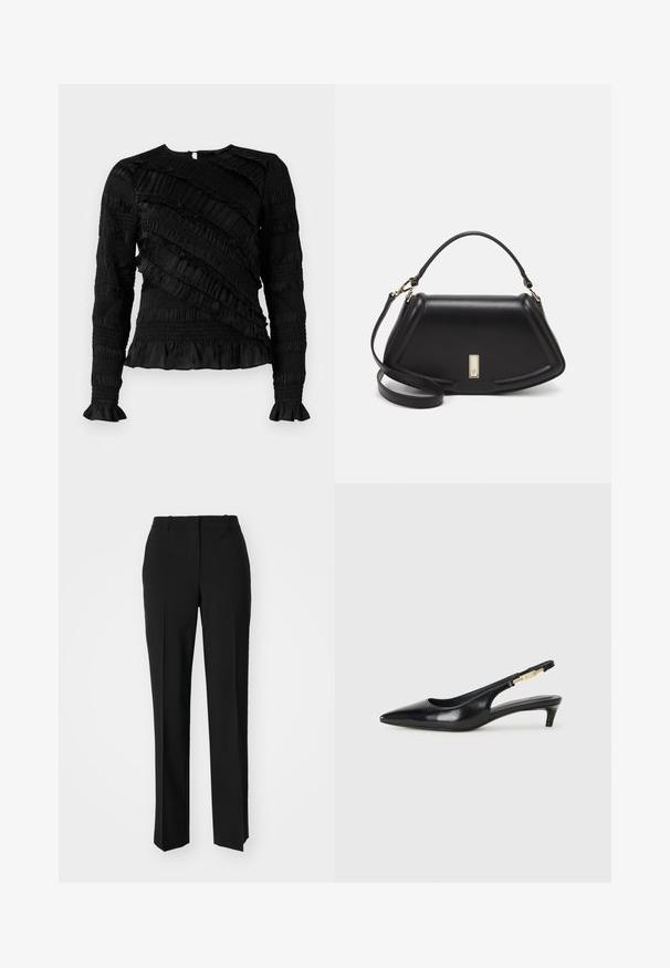 Black long-sleeve top with textured ruffles in varying widths, featuring a round neckline and flared cuffs. Back zipper closure.; Black tailored trousers with a straight-leg design, featuring a smooth texture and crisp creases along the front. No visible hardware.; Black leather slingback heels with a pointed toe, featuring a slim heel and a gold-tone accent on the adjustable strap. Smooth texture.; Black leather handbag with a structured design, featuring a cropped shape, top handle, and gold hardware accent. Adjustable shoulder strap included.