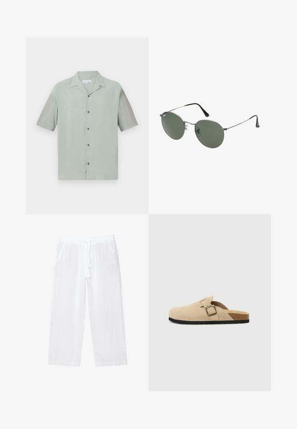 Camicia a maniche corte con bottoni in tessuto verde chiaro, caratterizzata da un colletto a punta e bottoni scuri lungo la parte anteriore. Texture liscia e leggera.; T-shirt bianco in cotone con maniche corte, scollo rotondo e vestibilità rilassata. Texture liscia senza pattern o dettagli visibili.; Pantaloni cropped bianchi in lino con vita elasticizzata, coulisse e due tasche laterali. Texture morbida e design leggero per il massimo comfort.; Zoccoli beige in suede con piede in sughero, punta rotonda e una semplice fascia con una fibbia dorata. Suola in gomma per una buona aderenza.; Occhiali da sole con montatura in metallo e lenti verdi ovali. Montatura sottile in metallo argento e terminali neri. Design minimalista, senza loghi visibili.