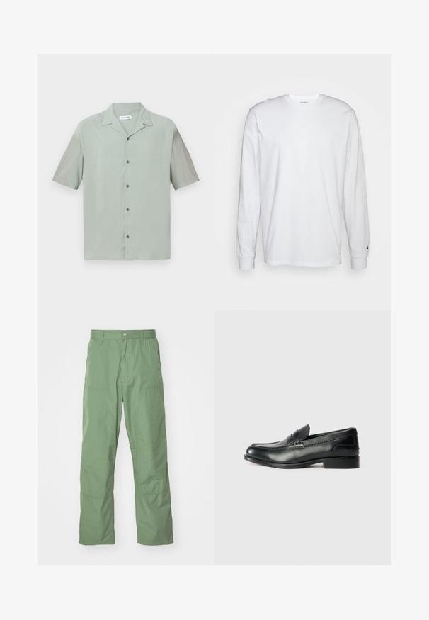 Srajca s kratkimi rokavi v svetlo zeleni tkanini, z izstopajočim ovratnikom in temnimi gumbi spredaj. Gladka, lahkotna tekstura.; Bela dolgimi rokavi majica iz bombaža. Oblika s krožnim izrezom z rebrastimi manšetami in majhnim logotipom na levi rokavu. Gladka tekstura.; Svetlozelene hlače sproščenega kroja z gladko teksturo, ki vključujejo stranske žepke in vidne šive. Polne dolžine z ravnim krojem.; Črni usnjeni loafersi z gladko površino, šivanim detajlom čez vamp in rahlo dvignjenim peto.