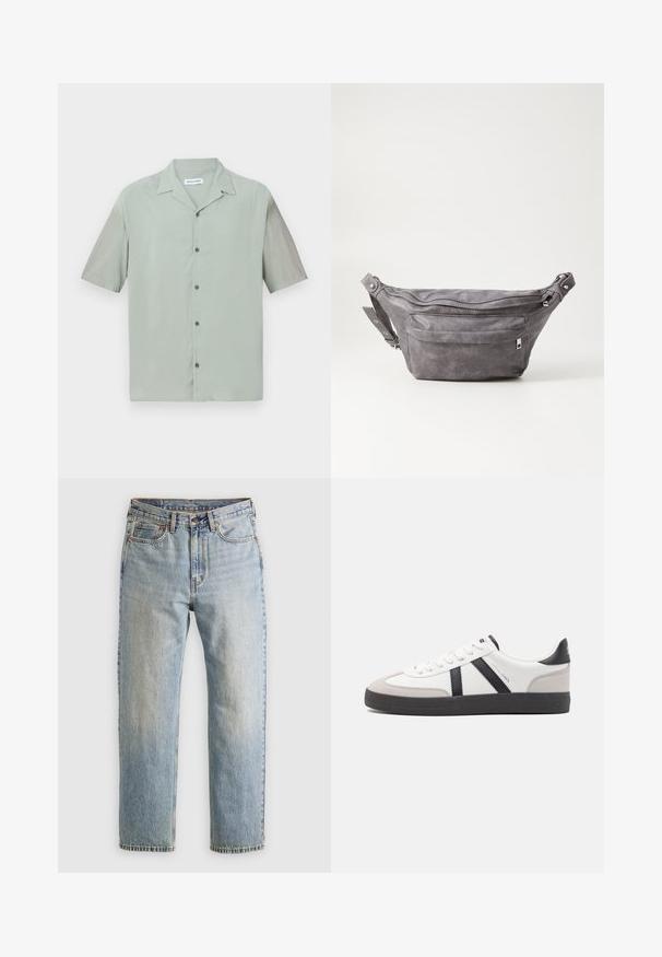 Košeľa na gombíky s krátkym rukávom z jemne zelenej látky, s špicatým golierom a tmavými gombíkmi na prednej strane. Hladká, ľahká textúra.; Svetlomodré džínsy s vysokým pásom, predným gombíkom, zipsom a dizajnom s piatimi vreckami, rozložené na neutrálnom pozadí.; Biele tenisky s čiernymi a šedými akcentmi, s textúrovanou šedou špičkou, čiernou gumovou podrážkou a plochými bielymi šnúrkami. Čistý dizajn, minimalistický štýl.; Sivá semišová ľadvinka s okrúhlym tvarom, dvoma zipsovými priehradkami a nastaviteľným popruhom. Obsahuje kovové prvky.