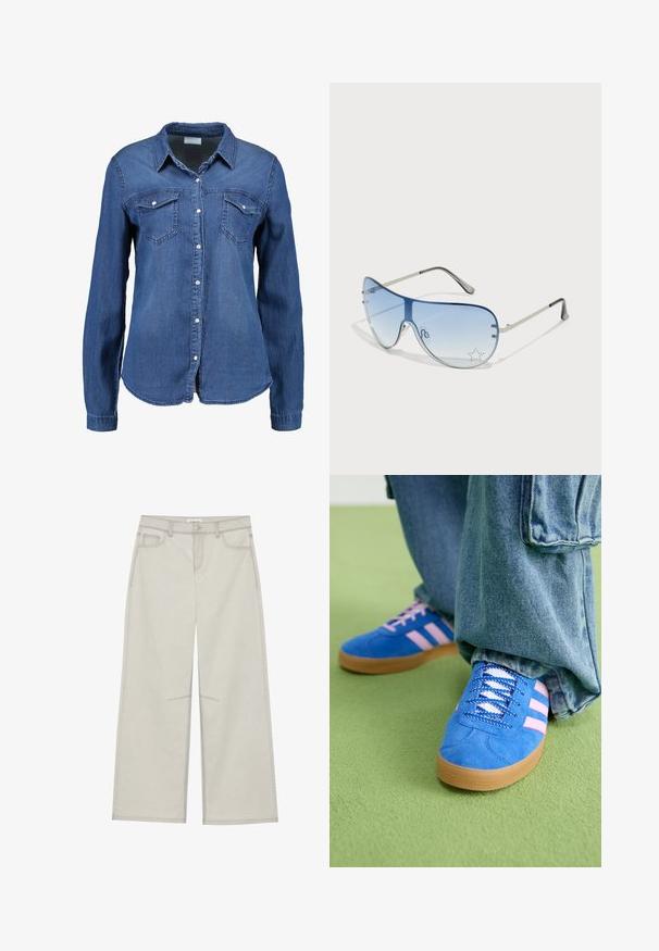 Keskmise sinise värvusega teksashirp, pika varrukaga, nööpidega ees, terav krae ja kaks rinna taskut. Pehme tekstuur ja tavaline lõige.; Heledad hall-gajused püksid, viie taskuga, ette nööpidega kinnitamine ja kontrastne õmblus. Kangas paistab pehme ja vastupidav.; Sinised sametkingad roosade triipudega ja valgete paeltega, millel on kummist tallad, kombineeritud laia teksapükstega rohelisel pinnal.; Aviatori prillid, millel on gradient sinine objektiiv, hõbedane metallraam ja dekoratiivsed staaraktsendid objektiivil. Sujuv ja stiilne disain.