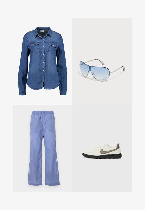 Denim shirt in middellange blauwe kleur met lange mouwen, knoopsluiting aan de voorkant, puntige kraag en twee borstzakken. Zachte textuur met een standaard snit.; Blauwe lichtgewicht broeken met een elastische tailleband, met een comfortabele pasvorm en zijpaspels. Gemaakt van een glad, duurzaam materiaal.; Nike Sportswear FIELD GENERAL - Sneakers laag - off-white/black; Aviator zonnebril met een gradient blauwe lens, zilveren metalen frame en decoratieve sterrenaccenten op de lens. Glad en strak ontwerp.