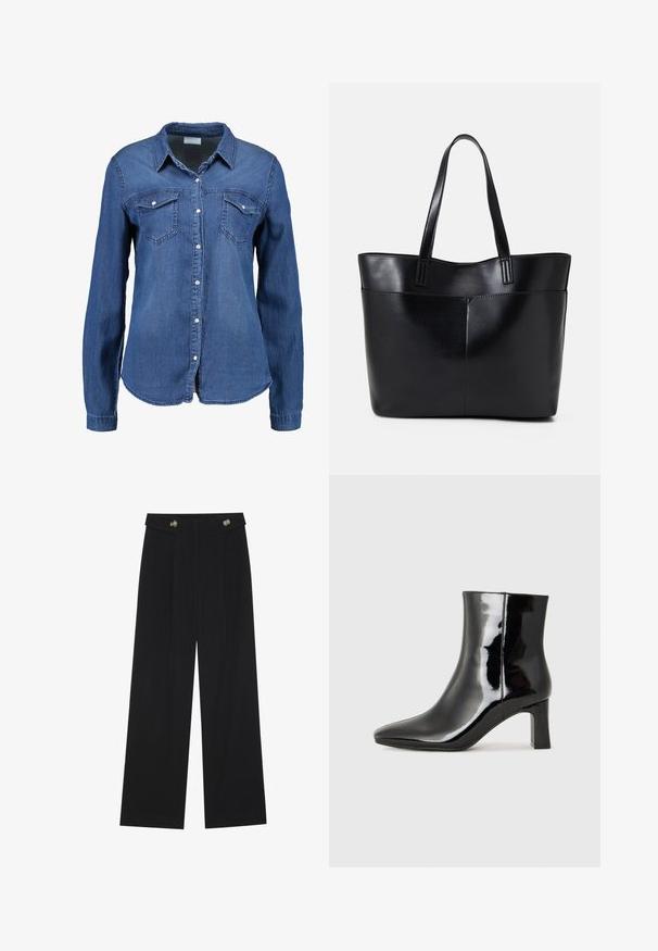 Középkék farmering hosszú ujjakkal, gombos előlappal, hegyes gallérral és két mellzsebbel. Puha textúrájú, standard szabású.; Fekete, bő szárú nadrág magas derékkal, gombos részletekkel a derékrészen és elülső pliszékkal.; Fekete lakk bőrcipő bokáig érő, hegyes orral és közepes magasságú tömbsarokkal. Simább textúrával és minimalista dizájnnal rendelkezik.; Fekete bőr bevásárlótáska két hosszú fogantyúval, sima felülettel és strukturált formával. Elülső zseb található rajta a plusz tárolás érdekében.