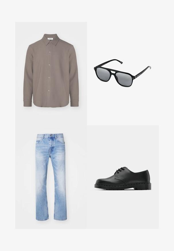 Lange mouw col shirt in een gedempt bruine stof, met een knoopsluiting aan de voorkant, afgeronde zoom en een gladde textuur met minimale details.; Lichtblauwe denim jeans met een recht model, voorzien van een klassieke vijf-pocketstijl en een subtiele vervaagde print.; Zwarte leren oxford schoenen met vetersluiting, ronde neus, platte rubberen zool en subtiele stiksel details langs het bovenwerk.; Zwarte zonnebril met rechthoekige montuur, grijs getinte glazen en een uitgesneden ontwerp bij de neusbrug. Strak, glanzend kunststof materiaal met smalle veren.