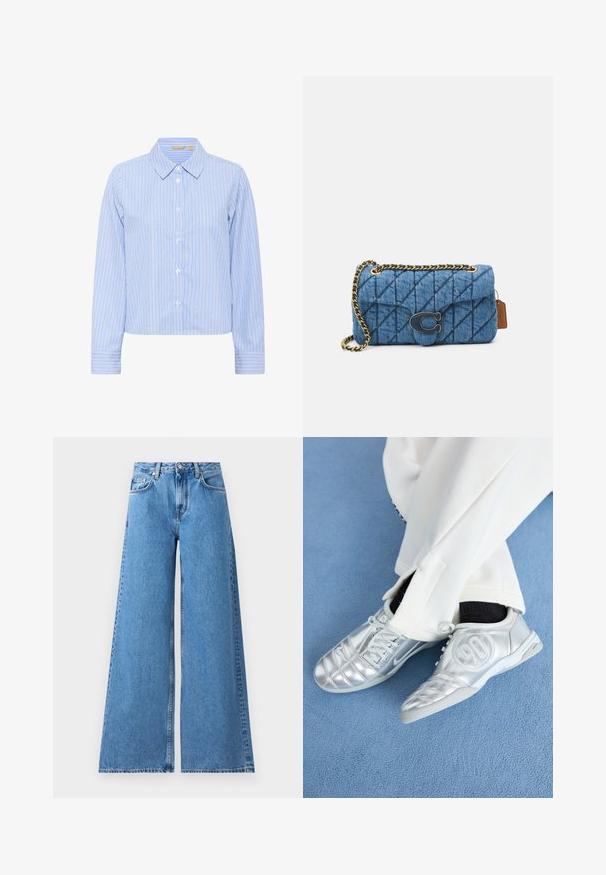 Culture Nööpidega pluus - blue white stripe; Kitsad sinisest denimist laiad püksid kõrge vöökohaga, klassikalise viie tasku disainiga ja lisadetailideks õmblused külgedel.; Hõbedased spordijalatsid, millel on sile ja läikiv pind, eristuvad õmmeldud mustriga ning külje peal on number 90, millele on lisatud valged püksid.; Sinine pehmendatud teksakott õlgadel, millel on kuldne kett ja silmapaistev kuldne logo aktsent ees. Kompaktne ristkülikuline kuju.