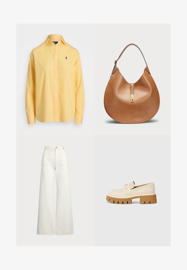 Camisa de manga longa amarelo às riscas com colarinho abotoado, apresentando um logo de polo azul em contraste, feita de tecido leve.; Jeans de perna larga em denim off-white. Design de cintura alta com fecho de botão, dois bolsos frontais e detalhes de costura em contraste.; Sapatilhas bez em camurça com uma tira texturizada em creme, apresentando uma sola castanha robusta com padrões semelhantes a dentes. Detalhe em dourado na fivela.; Bolsa de couro castanha com uma forma curvada e uma alça larga. Apresenta um detalhe em metal dourado no centro e uma textura suave.