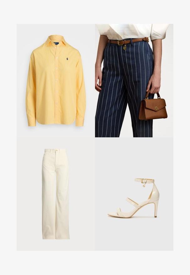 Camisa de manga longa amarelo às riscas com colarinho abotoado, apresentando um logo de polo azul em contraste, feita de tecido leve.; Polo Ralph Lauren COTTON CORDUROY WIDE-LEG PANT - Calças - warm white; Sandálias de salto alto bege com tira fina no tornozelo e duas tiras superiores. Acabamento em patentes brilhantes e detalhe em dourado na tira do tornozelo.; Saco de mão castanho com textura e ferragens douradas, segurado ao lado de calças listradas em azul com linhas verticais brancas. Design simples e estruturado.