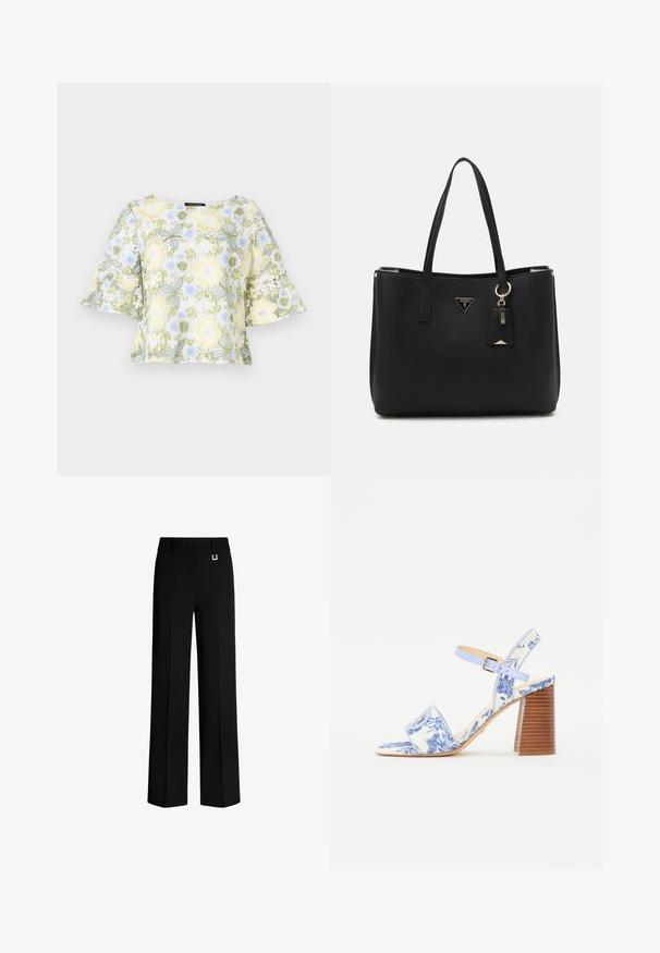 Bruuns Bazaar YVONNE CARLIS - Camicetta - multi coloured; Pantaloni neri a gamba larga realizzati in tessuto liscio. Presentano una chiusura a bottone e un dettaglio in metallo dorato sulla vita. Vestibilità dritta e sartoriale.; Sandal con stampa floreale blu, con punta quadrata, una larga fascia e una cinghia alla caviglia regolabile, dotata di un tacco a blocco in legno texturizzato.; Borsa tote nera realizzata in materiale sintetico testurizzato, dotata di due manici, una placca con logo dorato e un piccolo cartellino con un dettaglio di accentuazione.