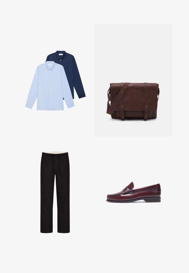 Twee overhemden met lange mouwen: één lichtblauw en één marineblauw. Beide hebben knoopsluitingen, puntkragen en een gladde stofstructuur.; Zwarte rechte broek met een elastische tailleband, aantrekkoord en een bescheiden ontwerp. Zachte stoftextuur. Geen zichtbare patronen of accenten.; Bordeaux leren instapper met een ronde neus, gestikte details en een kleine decoratieve accent op de schacht. Platte, contrasterende zool.; Bruine lederen schoudertas met een platte voorflap, twee banden, gouden hardware-accenten en een verstelbare schouderband.