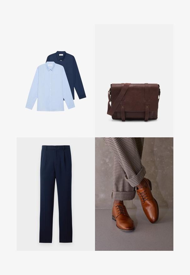Dva dugacijska rukava košulje: jedna svijetloplava i jedna tamnoplava. Obje imaju dugmad na zatvaranju, oštre ovratnike i glatku teksturu tkanine.; Tamnoplave hlače od glatkog materijala, s jednim gumbom za zatvaranje, nabranim detaljima i ravnim nogavicama. Minimalistički dizajn bez istaknutih uzoraka.; Smeđe kožne cipele imaju zaobljen vrh, pet rupa za vezivanje i kontrastne tamne vezice. Hlače su karirane i podvrnute na rubovima.; Smeđa kožna torba za messenger s ravnim prednjim poklopcem, dva remena, zlatnim hardverskim detaljima i podesivim remenom za rame.