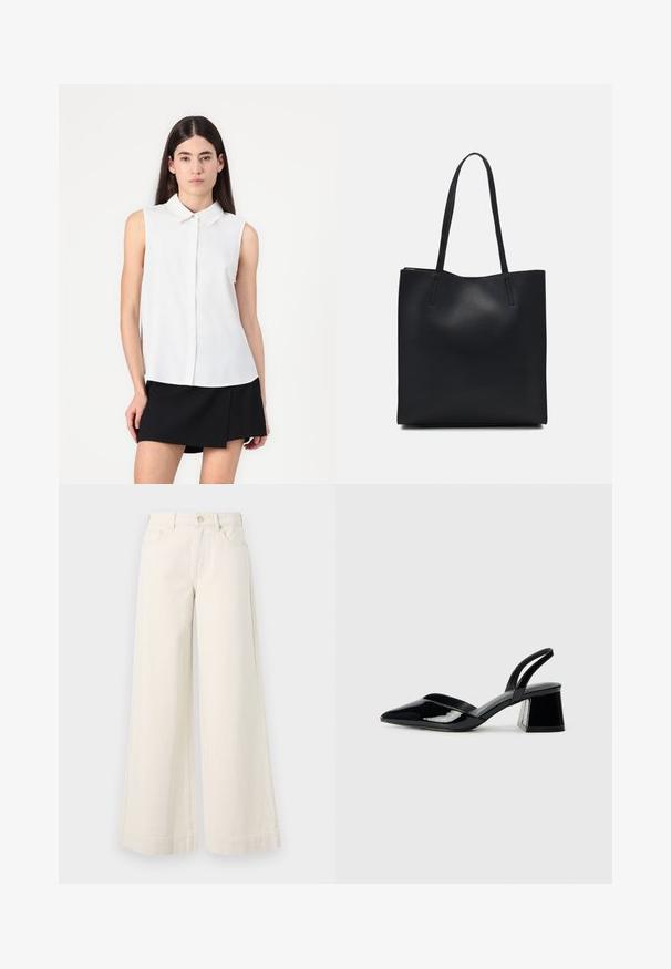 Blusa branca sem mangas com colarinho pontudo, apresentando um fecho frontal com botões e uma textura suave. Usada com uma saia preta.; Calças de ganga de perna larga em bege claro, com cintura alta, dois bolsos frontais, fecho de botão e detalhes de costura subtil.; Sandy em verniz preto com salto slingback, ponta afilada e salto geométrico. Apresenta um design elegante e minimalista com textura suave.; Bolsa tote preta em couro com textura lisa, forma retangular e duas alças longas. Sem hardware ou enfeites visíveis.