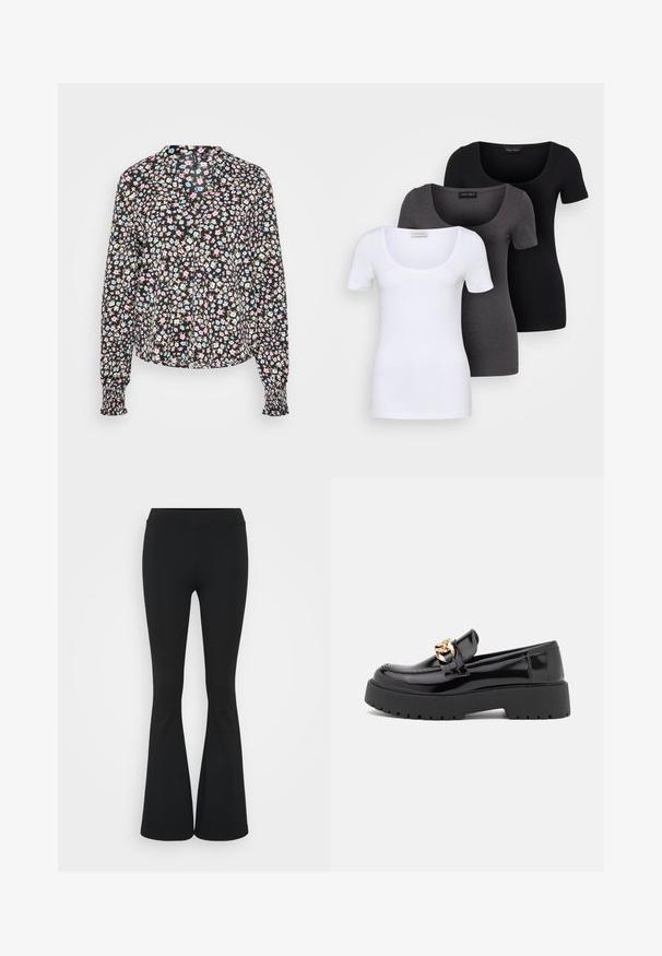 Bluză cu mâneci lungi din material negru, cu un model floral în nuanțe de roz, albastru și bej. Are guler și manșete împăturite.; Trei tricouri ajustate, în alb, gri și negru. Fiecare are un decolteu larg în formă de cerc și mâneci scurte. Fabricate dintr-un material neted și elastic.; Pantaloni negrii evazați dintr-un material elastic, având un talie înaltă și o textură netedă. Pantalonii se lărgesc de la genunchi.; Loaferi din piele patent neagră cu talpă groasă neagră și detalii din hardware auriu. Textură netedă și design cu vârf rotunjit.