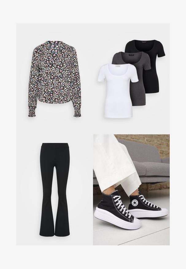 Fekete anyagból készült, virágmintás, hosszú ujjú blúz, rózsaszín, kék és bézs színekkel díszítve. Gallérral és ráncolt mandzsettával rendelkezik.; Három szűkített T-póló fehér, szürke és fekete színben. Mindegyik széles, kerek nyakkal és rövid ujjakkal rendelkezik. Simább, elasztikus anyagból készült.; Fekete harangszárú nadrág, rugalmas anyagból készült, magas derékkal és sima felülettel. A nadrág a térdtől kezdve bővül.; Fekete magas szárú tornacipők fehér gumitalppal és fűzővel. Kör alakú logófolttal és kontrasztos fehér varrással. Vászon anyagból.