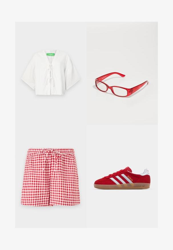 Top corto bianco con scollatura a V, maniche corte larghe e chiusura con coulisse davanti. Realizzato in tessuto traspirante. Etichetta del brand verde visibile.; Maglietta bianca in cotone con maniche corte e scollo rotondo, con la scritta "STAY WILD" in lettere rosa e giocose sul petto.; Bermuda a quadretti rossi e bianchi con vita elastica e cordino. Caratterizzata da una vestibilità comoda e orli rifiniti. Il tessuto sembra leggero.; Sneaker in suede rosso con design a tre strisce bianche e testo "Gazelle" in oro. Presenta una suola in gomma color cuoio e un tallone testurizzato.; Occhiali da sole in plastica rossa con montatura rettangolare, lenti trasparenti e braccietti sottili. Il logo del marchio "even&odd" è impresso sulla cerniera.; Borsa a tracolla in pelle rossa con un design angolare e geometrico. Presenta una singola tracolla regolabile e una chiusura a patta con dettagli cuciti.; Due scrunchie esposte su una superficie bianca: una rossa in satin con una texture arricciata a sinistra e una bianca in satin con ruffles simili a destra.