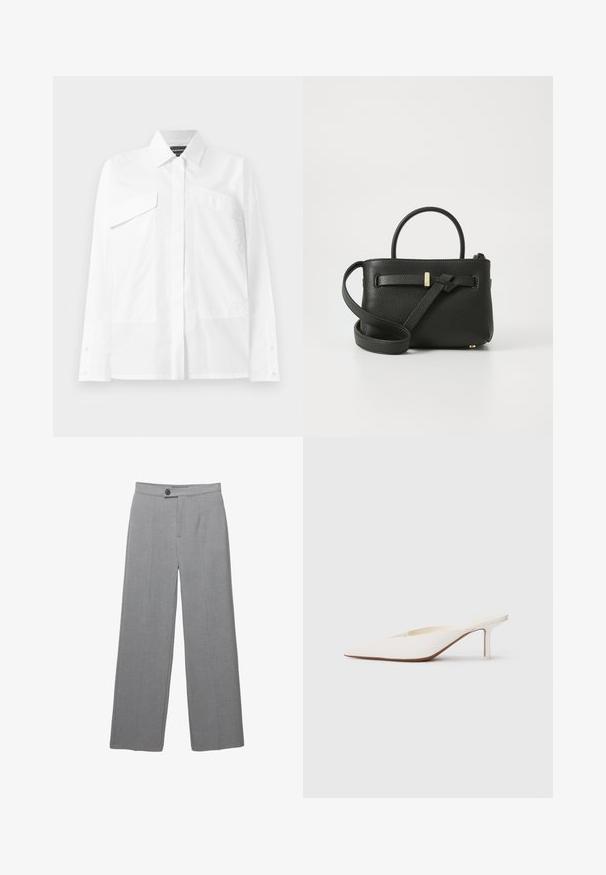 Vit skjorta med knappar som har en klassisk krage, två bröstfickor och långa ärmar med knappfästen. Slät tyg med minimal textur.; Grå skräddarsydda byxor med vida ben, flat front och subtil textur. Har en enknappsstängning och rena linjer.; Spetsig tå vit mule med en låg stilettklack. Tillverkad av mjukt material med en minimalistisk design och subtila bruna souldetaljer.; Svart läderhandväska med texturerad yta, topphandtag och en lång justerbar axelrem. Utrustad med en guldfärgad metalldetalj på framsidan.