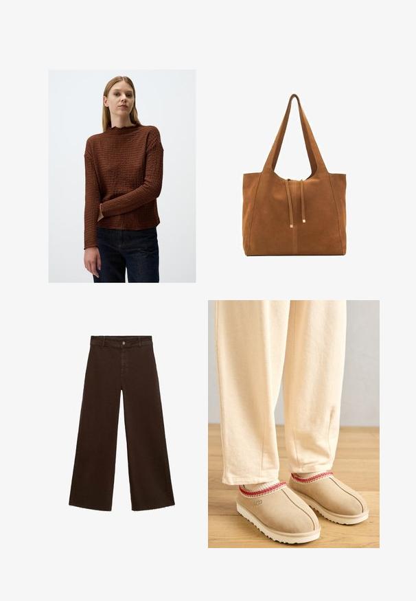 Brown textured long-sleeve sweater with a scalloped neckline, a loose fit, and ribbed sleeves, paired with dark denim jeans.; Brown wide-leg trousers in cotton blend, featuring a frayed hem, front button closure, and classic five-pocket design. Minimalistic and versatile.; Tan suede clogs with a red decorative trim and white rubber sole, paired with light beige pants, set on a wooden floor.; Brown suede tote bag with two long straps, drawstring closure, and minimalistic design. Smooth texture and no visible hardware accents.