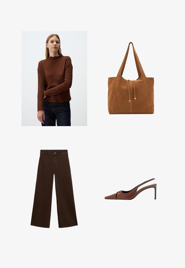 Brown textured long-sleeve sweater with a scalloped neckline, a loose fit, and ribbed sleeves, paired with dark denim jeans.; Brown wide-leg trousers in cotton blend, featuring a frayed hem, front button closure, and classic five-pocket design. Minimalistic and versatile.; Brown leather slingback heel with a pointed toe, cutout detail at the vamp, and a sleek stiletto heel. Smooth texture.; Brown suede tote bag with two long straps, drawstring closure, and minimalistic design. Smooth texture and no visible hardware accents.